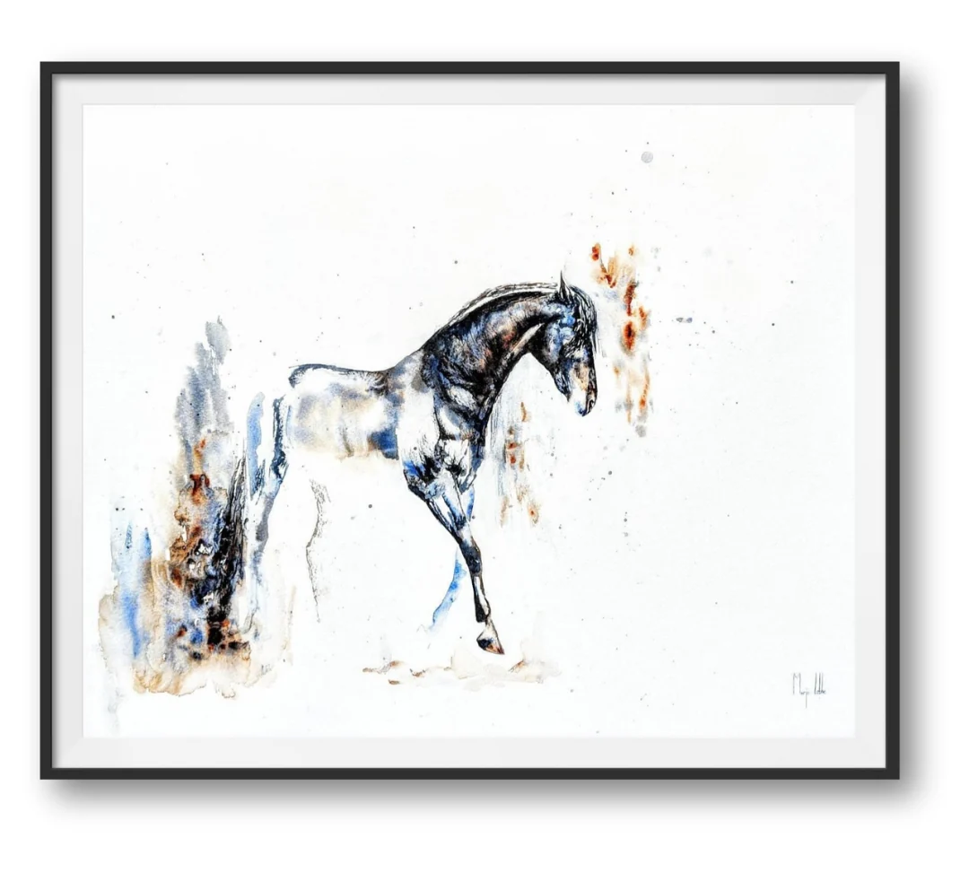 Eteros: a black horse standing, painted in blue-black watercolour with rust splatter on white paper, in a black modern frame