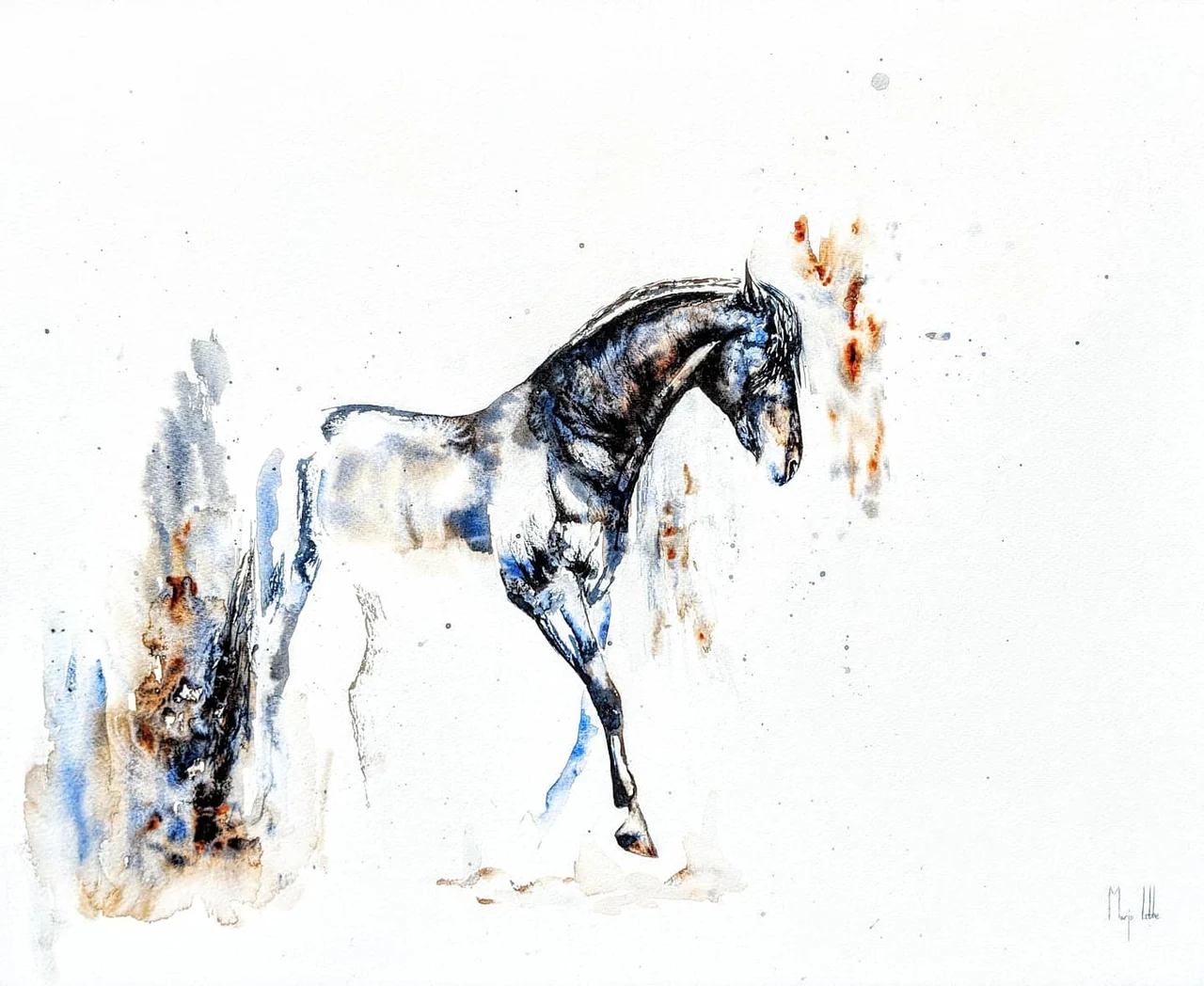 The sheet itself: Eteros standing in profile, head lowered, his coat worked in blue-black and slate, a column of blue and rust wash to his left and rust splatter at his head
