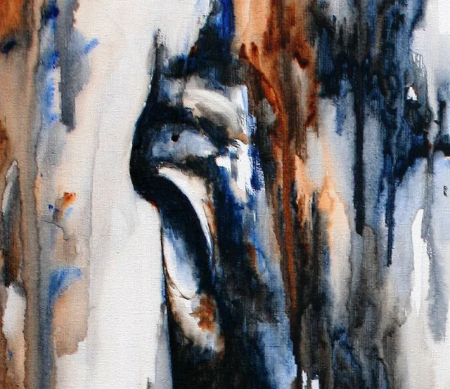 Detail: het linkeroog van het paard, half bedolven onder lopende druipers inktblauw, zwart en roest