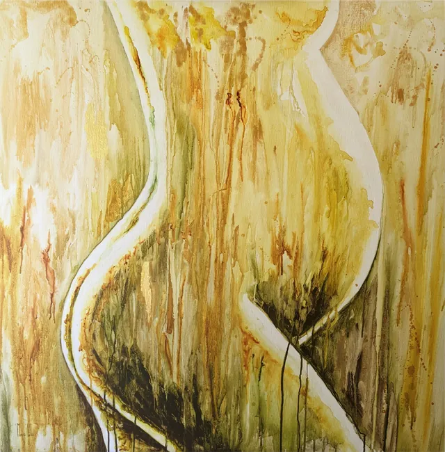 You’re glowing, een origineel aquarel: twee bleke golvende lijnen die opstijgen door okergele, olijfgroene en gouden drupsporen op linnen canvas