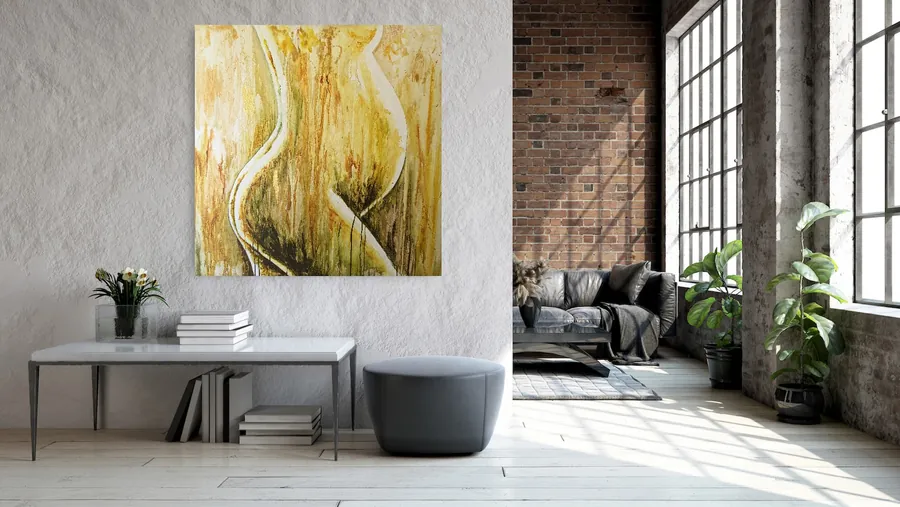Visualisatie: You’re glowing aan een lichte muur in een loft, naast een bakstenen muur en hoge ramen
