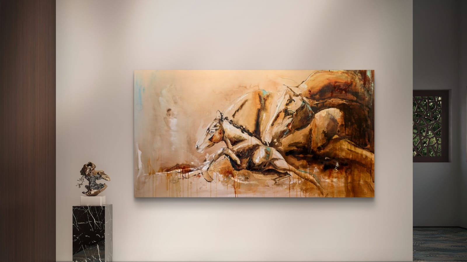 Healing birth – series hanging on a neutral wall in a styled interior, showing the 180 × 100 cm scale of the original painting