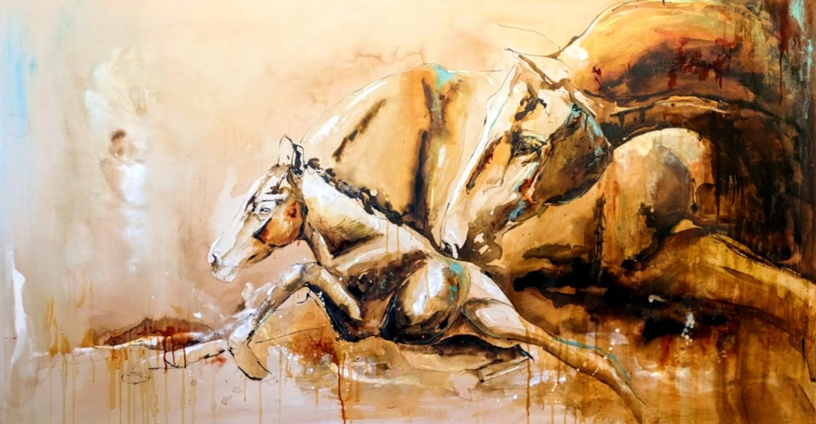 Healing birth – series, the full original acrylic ink painting on linen: a mare lying with her newborn foal in warm sienna, ochre and teal washes