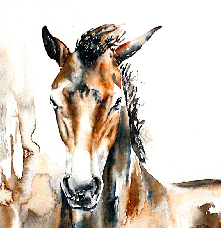 Noblesse close up: the horse's head and chest, ears forward, looking straight out of the paper, the mane painted in dark ink strokes
