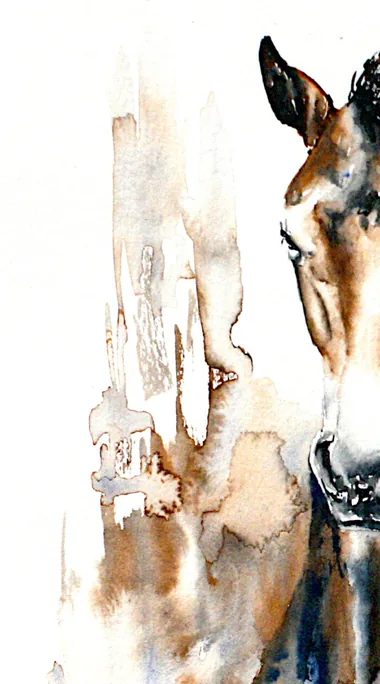 Detail of Noblesse: a column of dry brush and pale grey wash standing beside the horse's head
