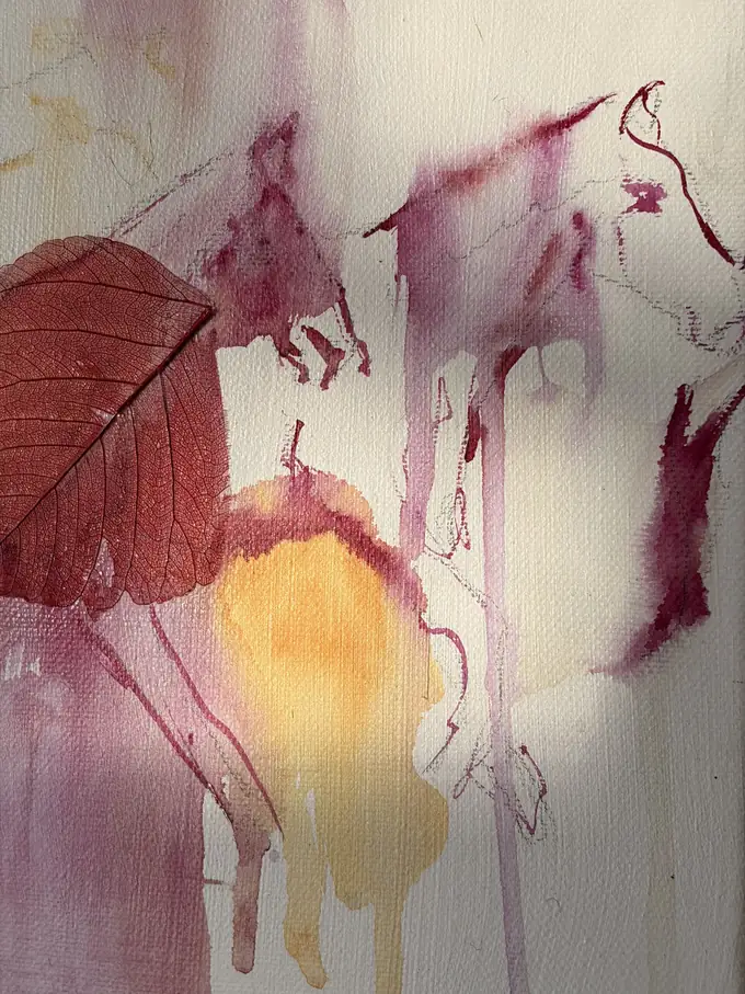 Detail of the wide work: a yellow bloom of pigment running down into pale watercolour drips