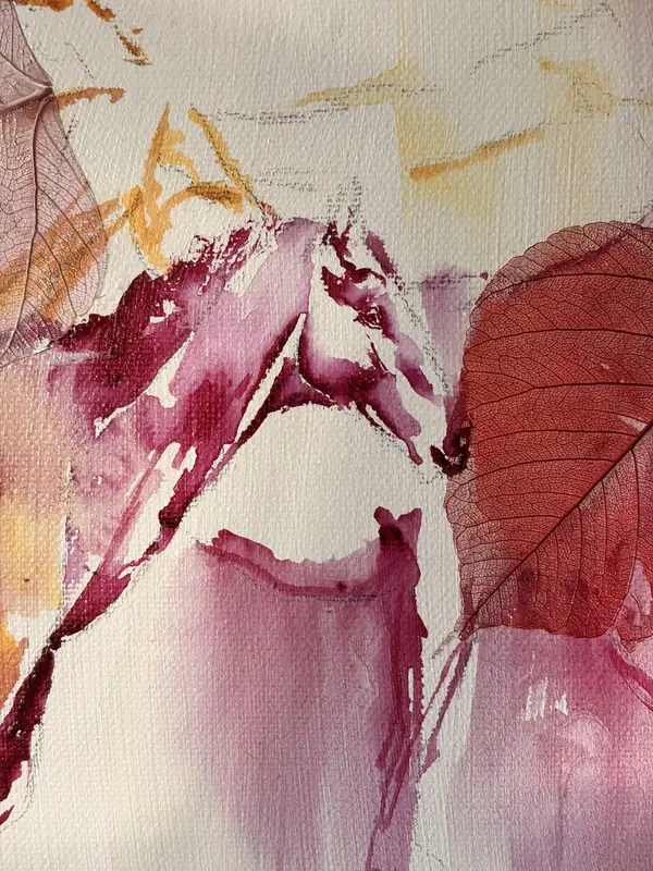 Detail of the wide work: a horse's head drawn in mulberry watercolour beside a red leaf