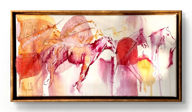 The smell of nostalgia, the wide work: horses in mulberry and rose washes among orange and red skeleton leaves, in a gold floating frame