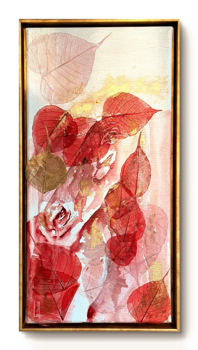 The upright work of the series: deep red skeleton leaves and a rose over gold leaf, a horse's face just visible beneath