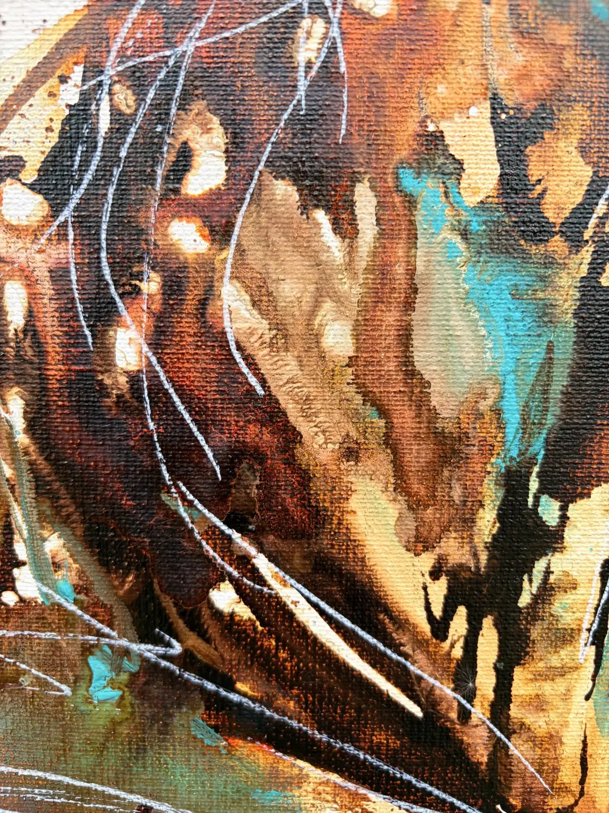 Out of his sight, 80 × 120 cm: detail: ochre and turquoise washes with white line work