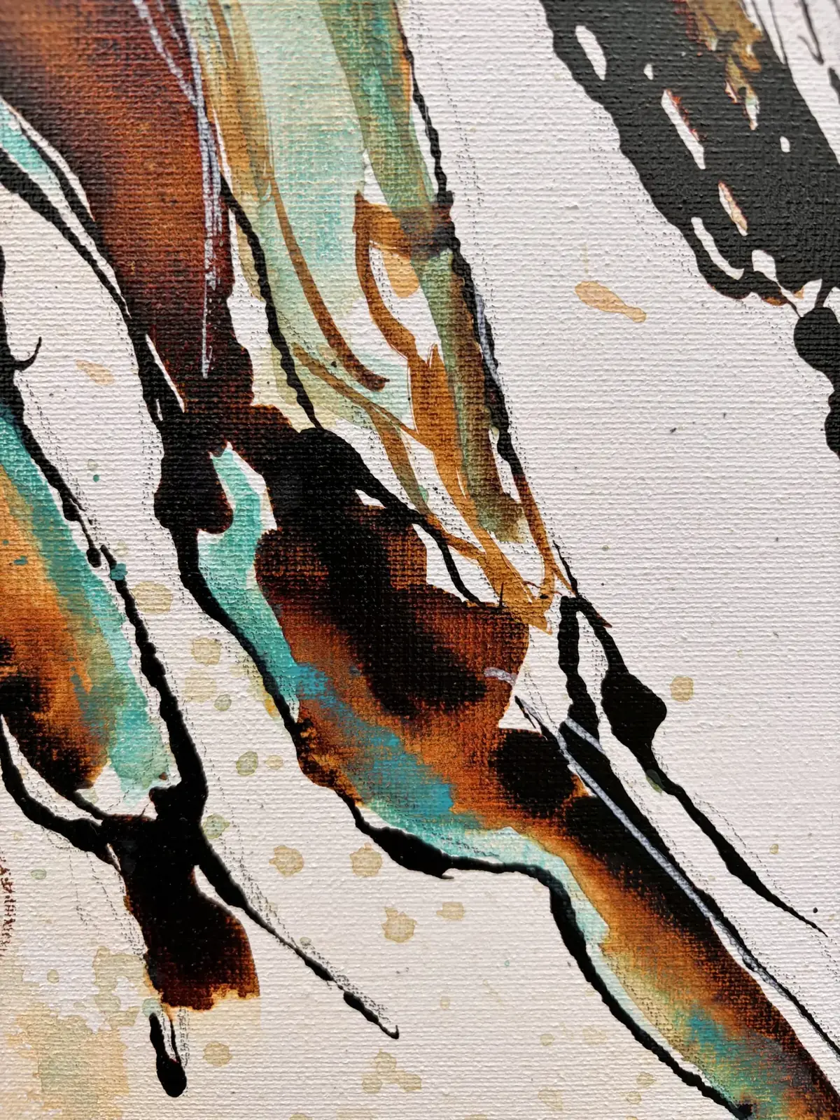 Out of his sight, 80 × 120 cm, close-up detail: the pour in watercolour on linen