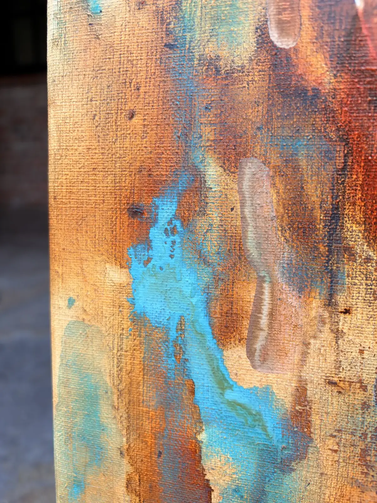Out of his sight, 80 × 120 cm: detail: turquoise over ochre near the canvas edge