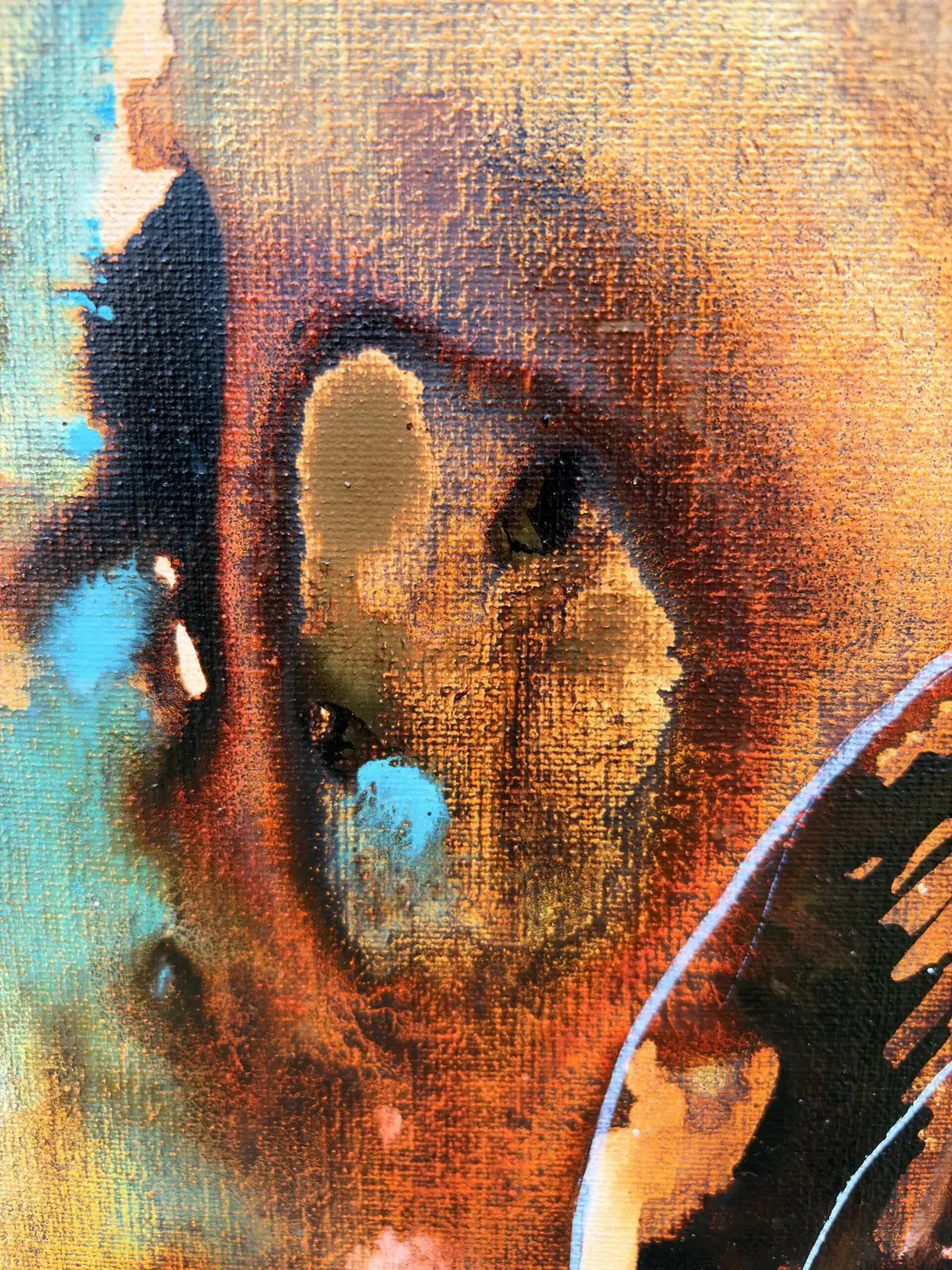 Out of his sight, 80 × 120 cm, close-up detail: the linen in watercolour on linen
