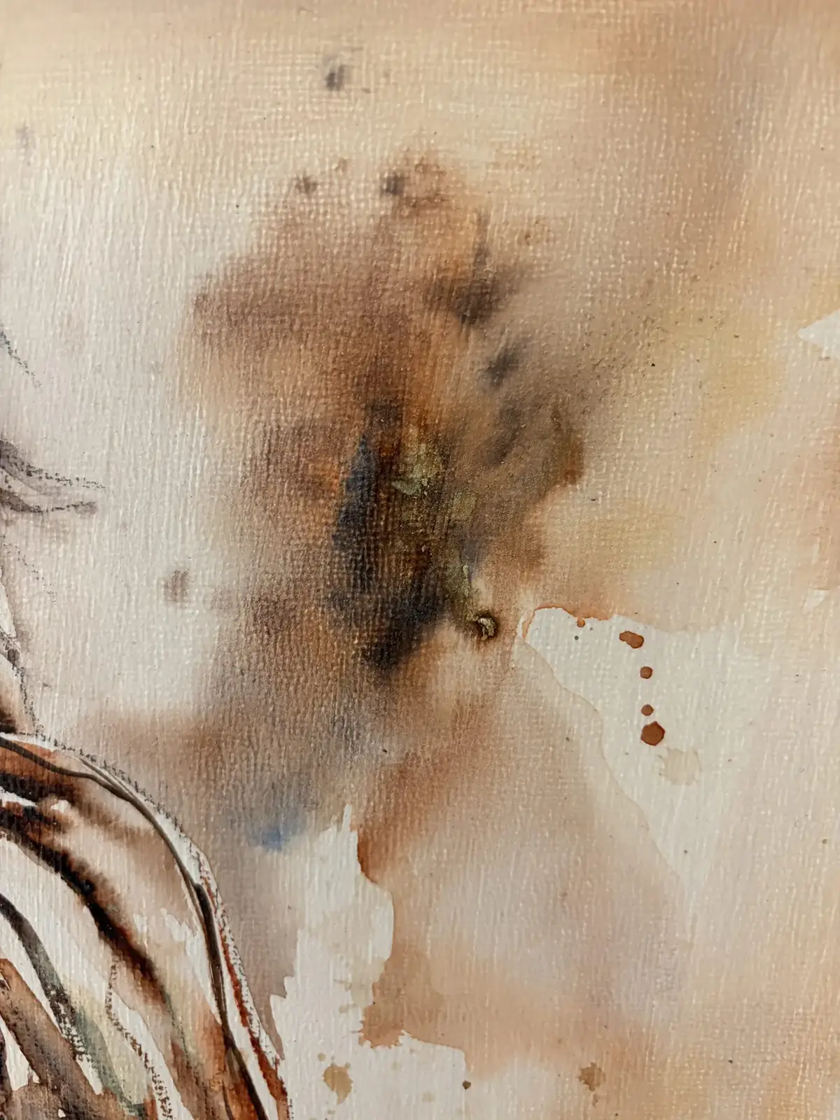 Out of his sight, 30 × 30 cm, detail van dichtbij: de verf in aquarel op linnen
