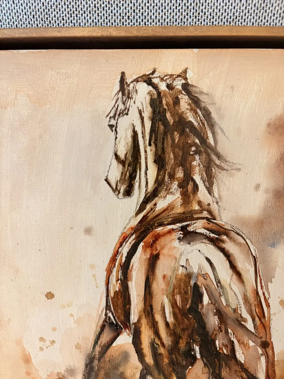 Out of his sight, 30 × 30 cm, detail van dichtbij: de lijn in aquarel op linnen