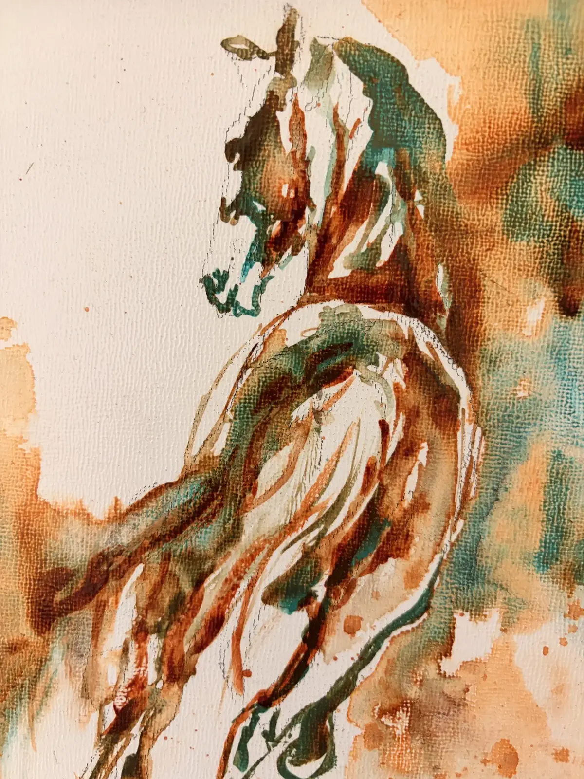 Out of his sight, 20 × 20 cm, close-up detail: the line in watercolour on wood