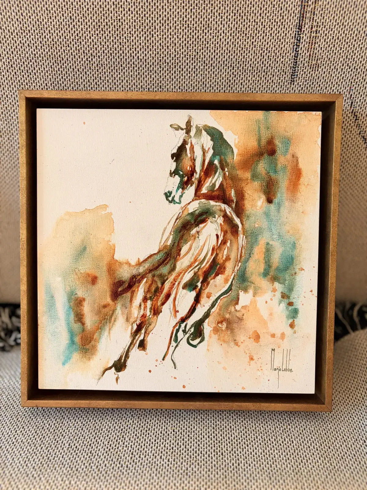 Out of his sight, 20 × 20 cm, close-up detail: the pour in watercolour on wood