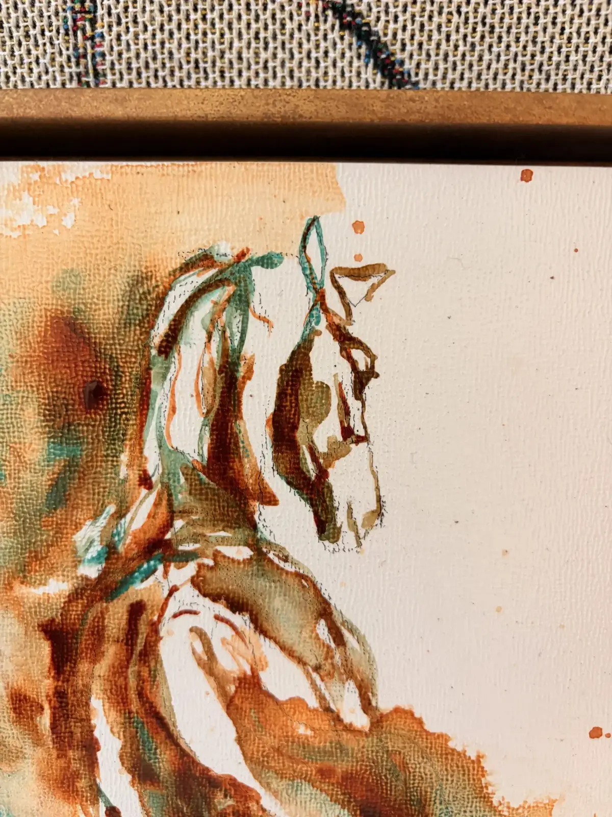 Out of his sight, 20 × 20 cm, close-up detail: the line in watercolour on wood