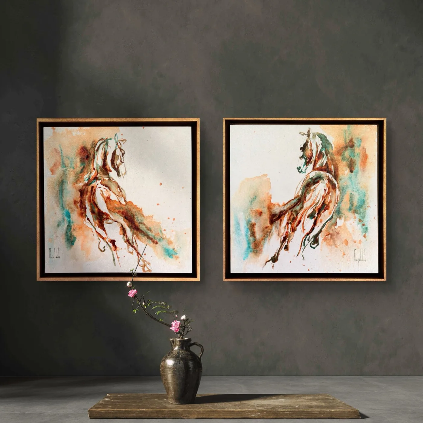 The two 20 by 20 cm Out of his sight originals hung side by side