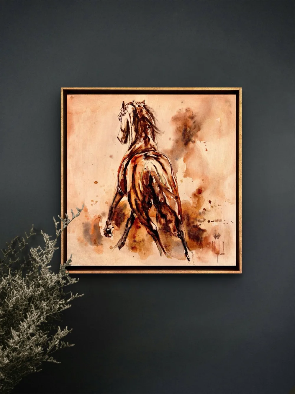 Out of his sight, the 30 by 30 cm original on a dark wall