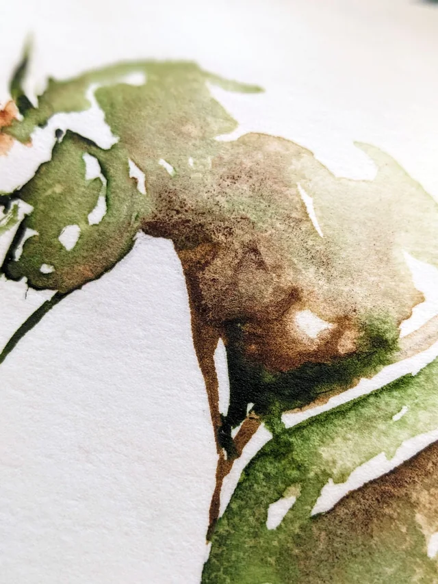 Detail of Praise: moss green and sepia washes across the horse's shoulder