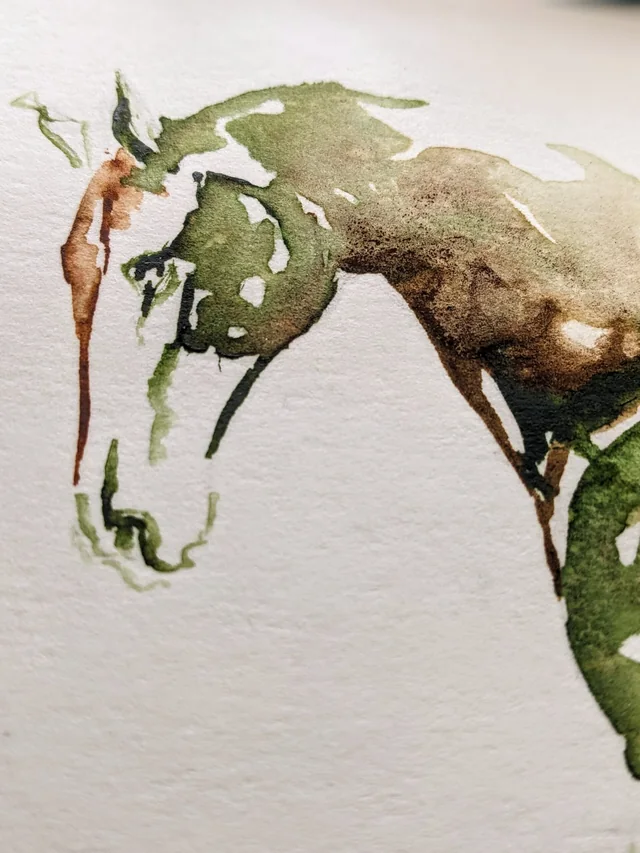 Detail of Praise: the horse's lowered head and muzzle in soft watercolour