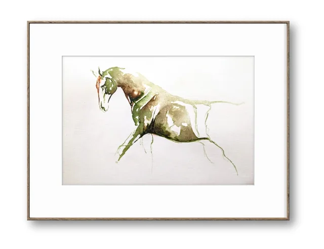 Praise, an original watercolour of a horse in moss green and sepia, framed in light oak