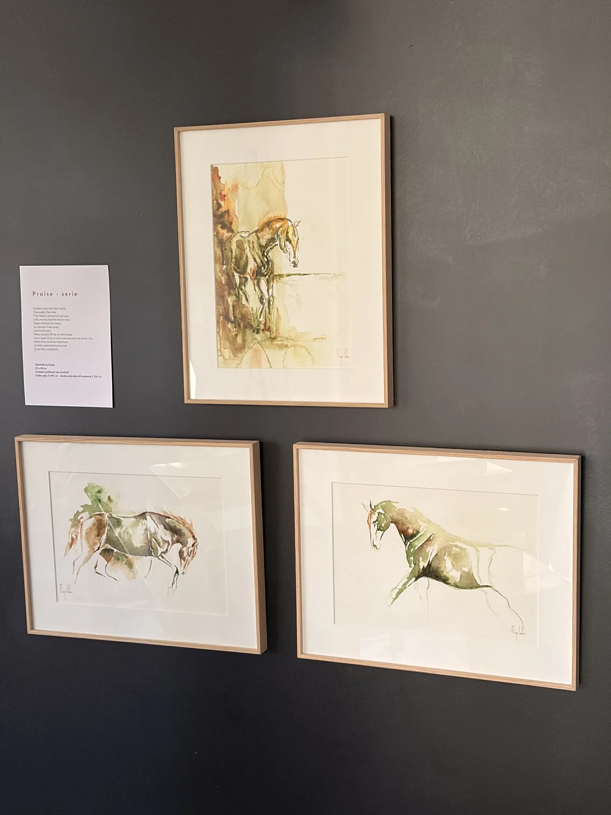 The three framed Praise works hanging together on a dark gallery wall