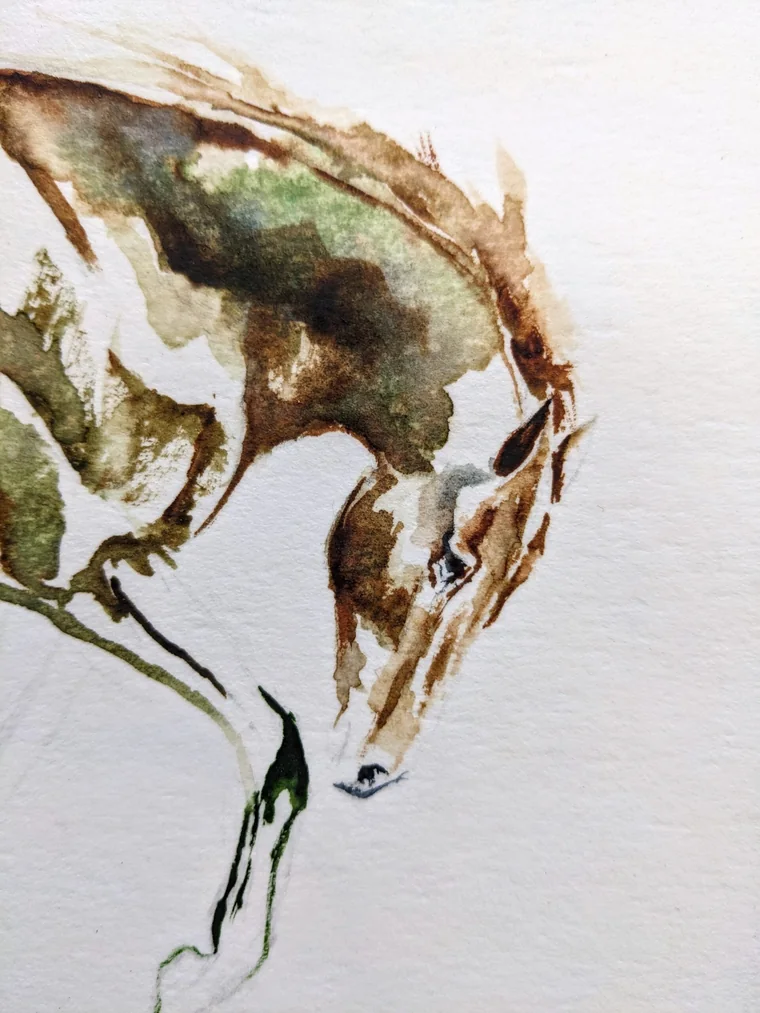 Detail of a Praise watercolour: green and ochre pigment settling into the paper