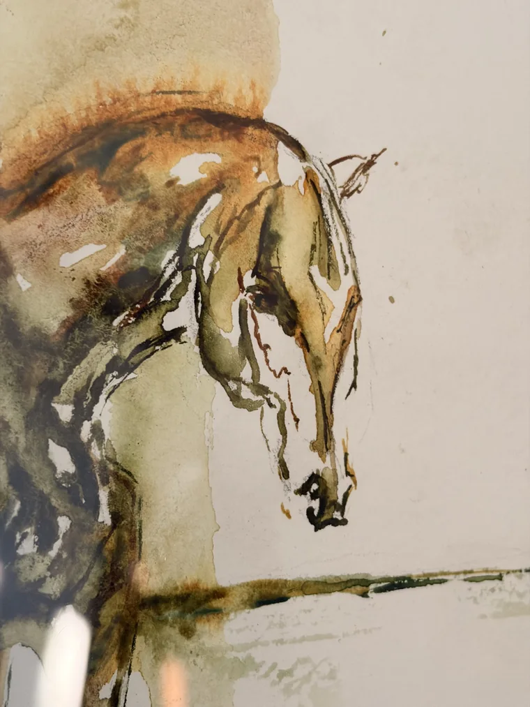 Detail of a Praise watercolour: the horse's neck in loose sepia washes