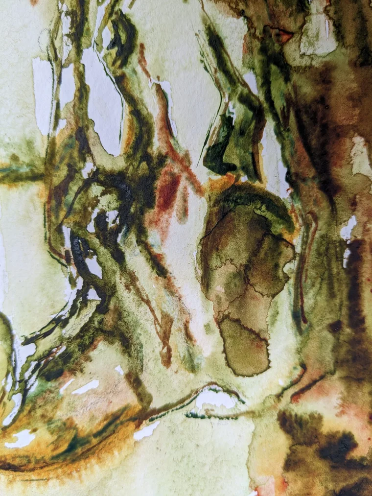 Detail of a Praise watercolour: legs dissolving into pale green wash