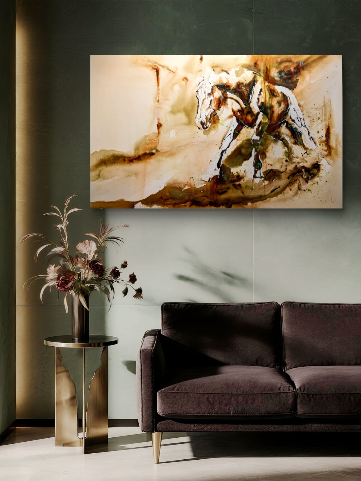 Recovery hanging on a dark sage-green panelled wall above a velvet sofa, showing the 140 × 80 cm scale of the original painting