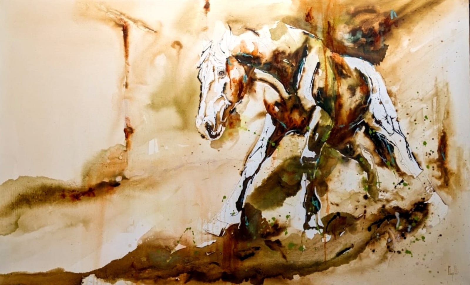 Recovery, the original acrylic ink painting on linen: a horse in motion in deep umber and sienna washes with white highlights