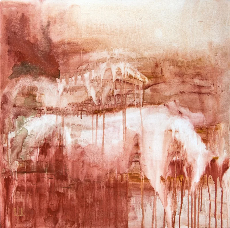 The full canvas of Sahara rain: a white horse dissolving into a downpour of rust and madder washes, long drips running to the bottom edge