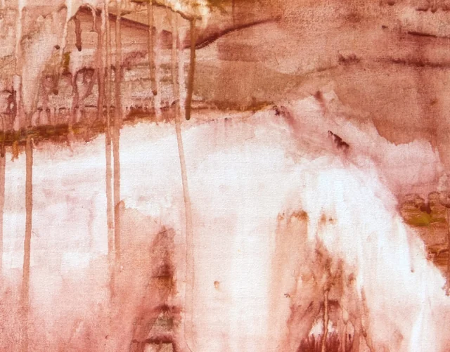 Detail of Sahara rain: rust coloured watercolour running in long thin drips down the white flank of the horse, the linen weave visible through the wash