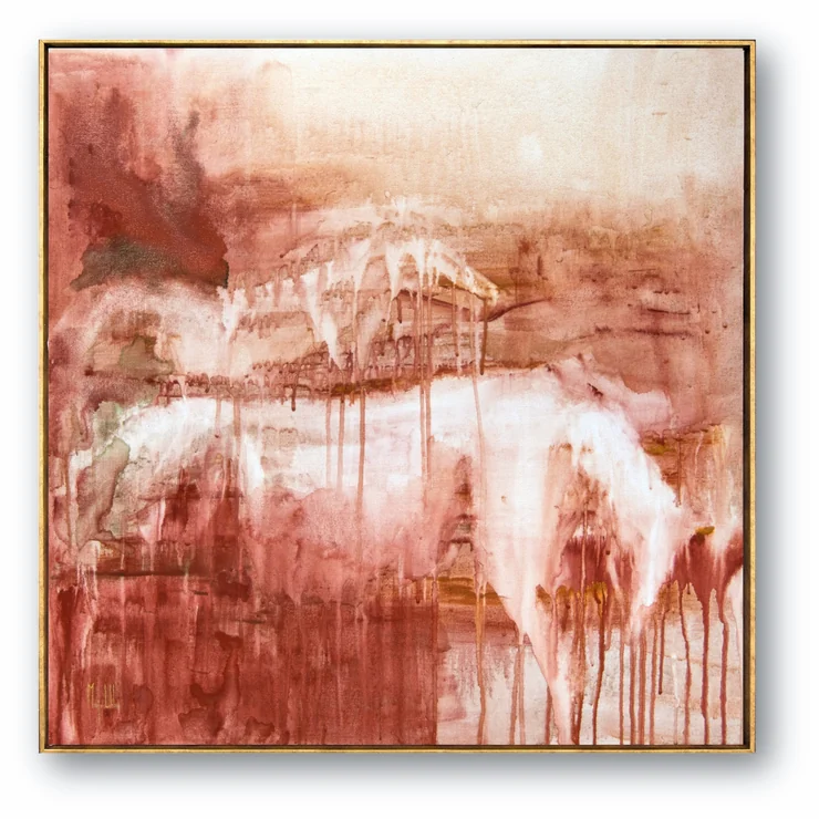 Sahara rain, framed: a pale horse standing in red desert rain, watercolour washes of rust and rose running down the linen, in a slim gold floating frame