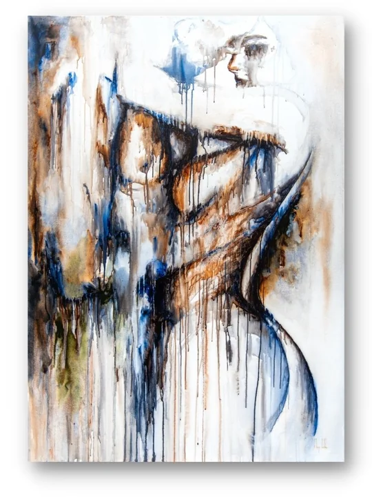 Serendipity in full: a figure and a face dissolving into rust, indigo and olive watercolour running down white linen canvas