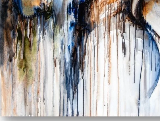 Close up of Serendipity: indigo, olive and rust watercolour running in thin drips down the woven linen