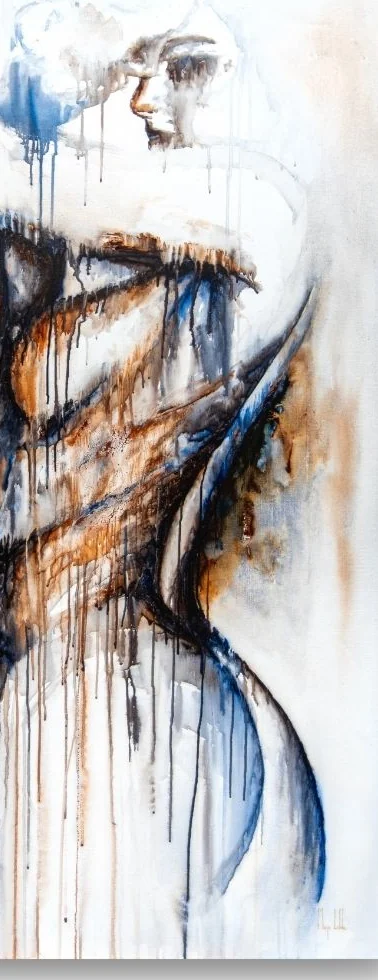 A tall strip of Serendipity: a face in profile at the top, rust and indigo washes running down into a long blue curve