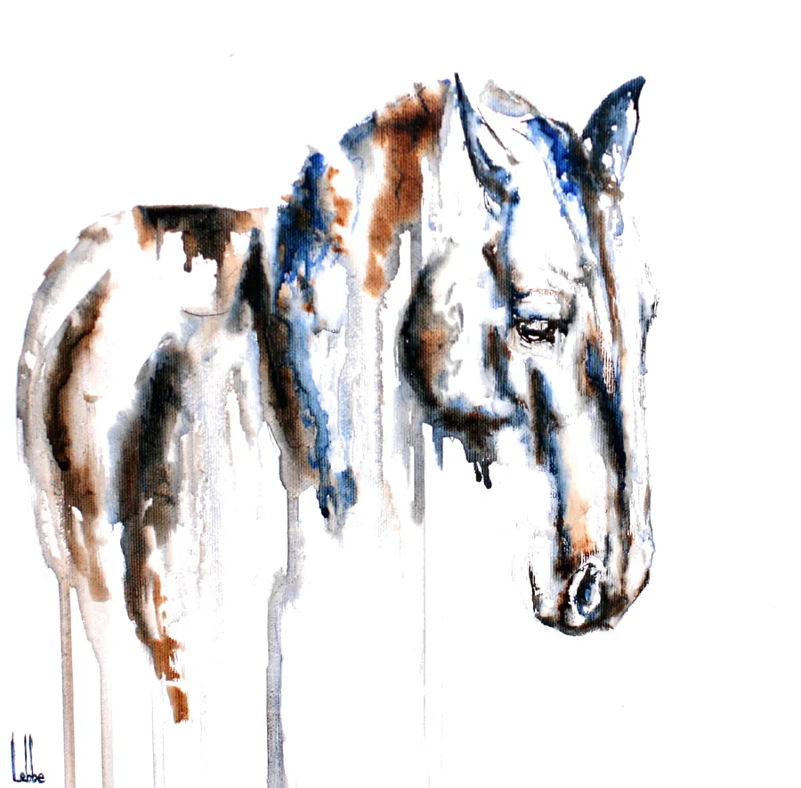 Serene in full: a horse standing with its head lowered, painted in two tones of watercolour on bare white cotton canvas, the pigment running down out of the body in long vertical drips