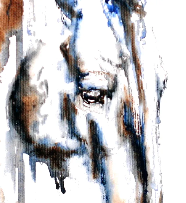 Detail of Serene: the horse's eye, drawn in near-black over sienna and blue washes, with the cotton weave visible through the paint