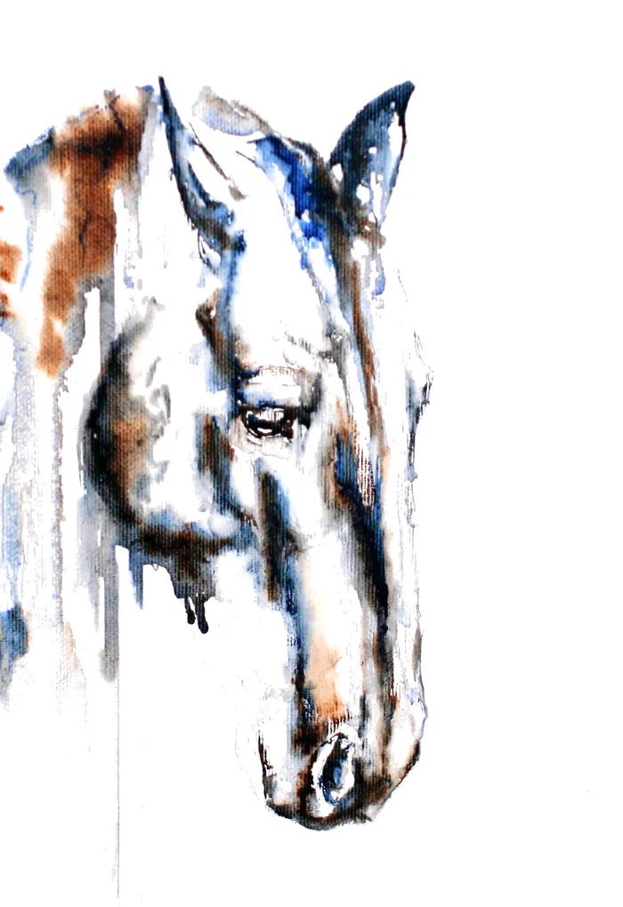 Serene, close up: the horse's lowered head painted in watercolour on white cotton canvas, in burnt sienna and ultramarine, with pigment running down in long drips