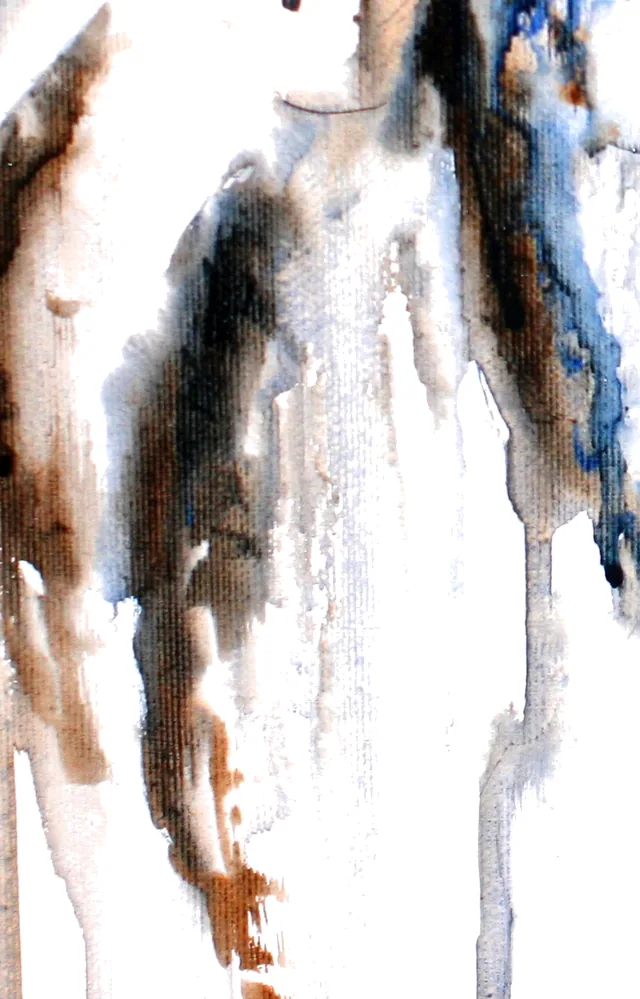 Detail of Serene: sienna and grey watercolour running down the canvas in long vertical drips over the neck