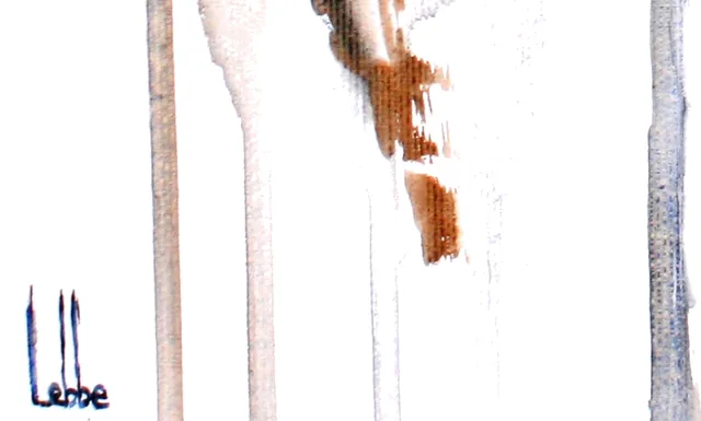 Detail of Serene: the artist's signature, Lebbe, in blue at the lower left of the canvas