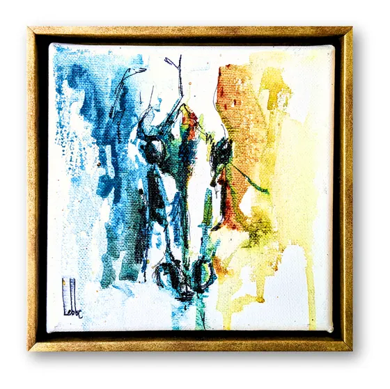 Small things: een blauwe en okerkleurige wassing met een paard in donkere inkt, in een goudkleurige baklijst. Verkocht.