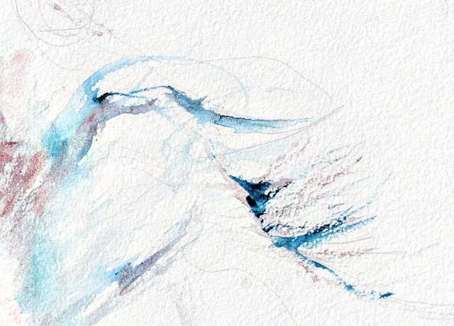 Detail of Winter: the blown mane in prussian blue and rose, pencil lines running out into bare paper
