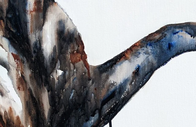 Detail of Zaki al-Shamikh: the shoulder, where the pigment runs down the linen in thin dark lines