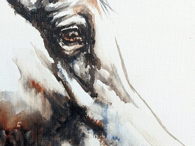 Detail of Zaki al-Shamikh: the eye, dark siena and ultramarine washes over the woven linen