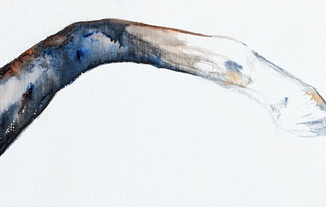 Detail of Zaki al-Shamikh: the raised foreleg, ultramarine at its purest, dissolving into bare linen at the hoof