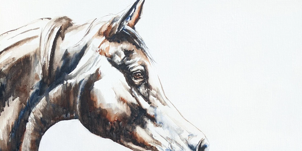 Zaki al-Shamikh in close crop: the arched Arabian neck, the head and the raised foreleg, painted on linen canvas